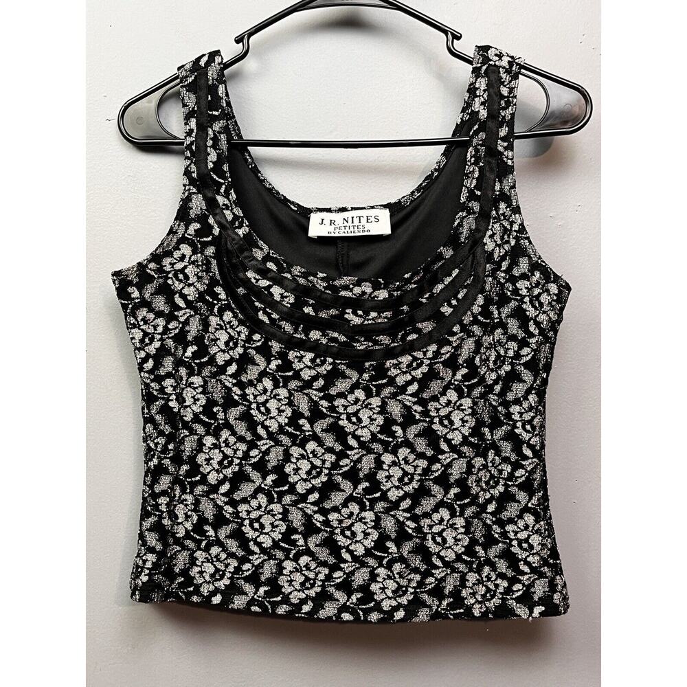 Jr Nites Petites by Caliendo Black Gray Lace Tank Floral Vintage Small‎